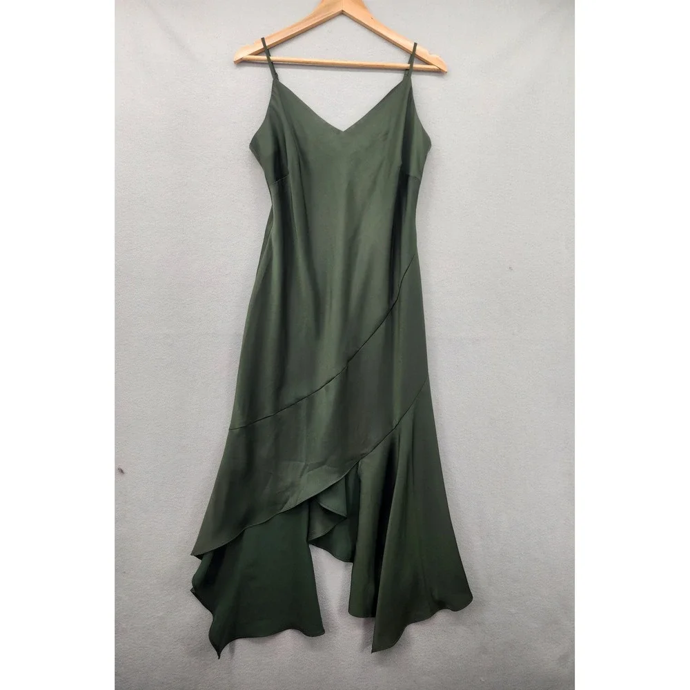 Scoop Olive Green Satin Asymmetrical Midi Dress Handkerchief Hem Size M 8-10